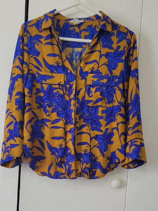 H&M Tops - H&M Mustard Yellow Button-Down Blouse with Cobalt Blue Floral Print